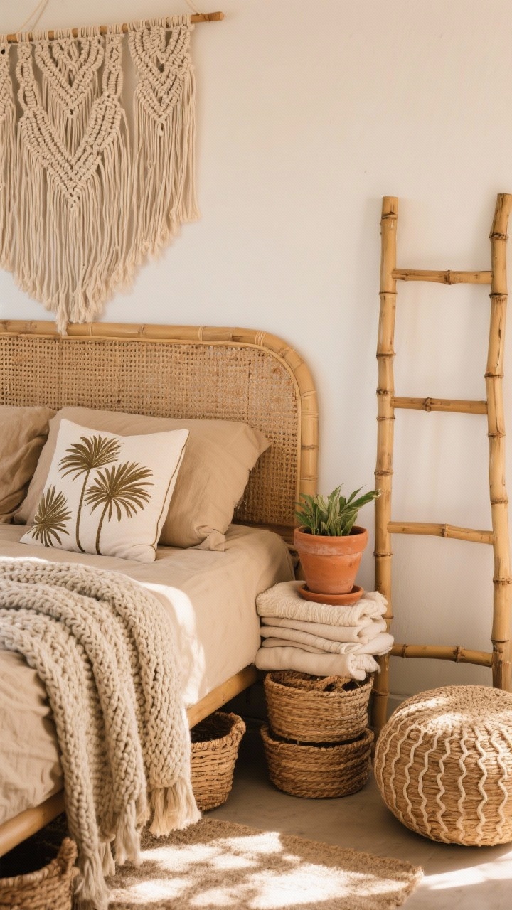 Detail shot, Boho Bungalow Retreat: textures focused composition—rattan headboard with sand-colored bedding, a chunky knit throw draped across. A macramé wall hanging above fills vertical space lightly. Stackable woven baskets slide under the bed edge; a bamboo ladder leans nearby with folded blankets. Accents include a palm-print pillow, small terracotta planter, and a jute pouf corner. Sun-kissed, warm natural light.