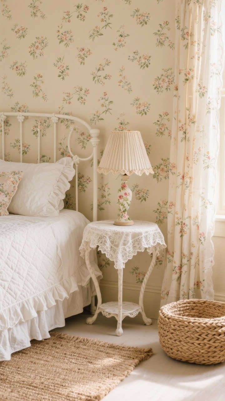 Detail shot: Cottagecore boho bloom vignette featuring tiny ditsy floral wallpaper meeting warm cream paint, a white iron bed layered with ruffled and quilted bedding, a scalloped side table topped with pleated floral lampshades, lace-trim curtains draping softly, and a braided jute rug grounding the look; gentle morning light, close-up textures.