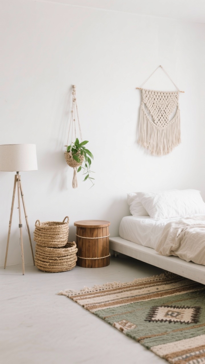 Detail shot, Minimalist Boho With Clean Lines: white wall with a small woven wall piece, simple platform bed dressed in natural cotton, macramé plant hanger with a single green plant, neatly stacked seagrass baskets on the floor, sleek tripod lamp in the corner; flatweave kilim rug with minimal pattern in muted tones; round wood drum table as nightstand; palette of white, tan, sage; tidy boho essence.