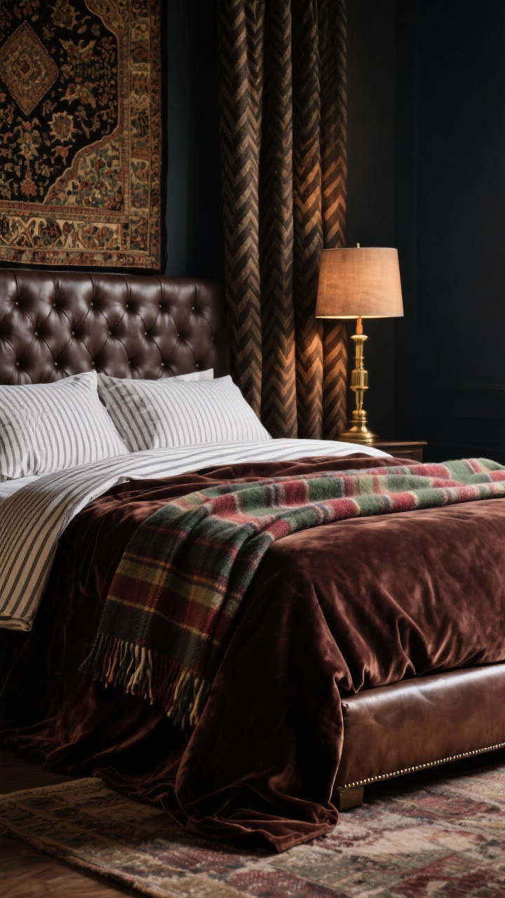 Detail shot of dark academia textiles: chocolate velvet duvet with rich sheen layered over ticking stripe sheets; plaid wool throw folded precisely at the foot; edge of a leather tufted headboard visible; heavy herringbone curtains in background with a glimpse of a Persian rug; tapestry throw used as a bed runner; colors espresso, forest, oxblood, brass; textures velvet, wool, leather; moody, warm lamp glow; photorealistic.