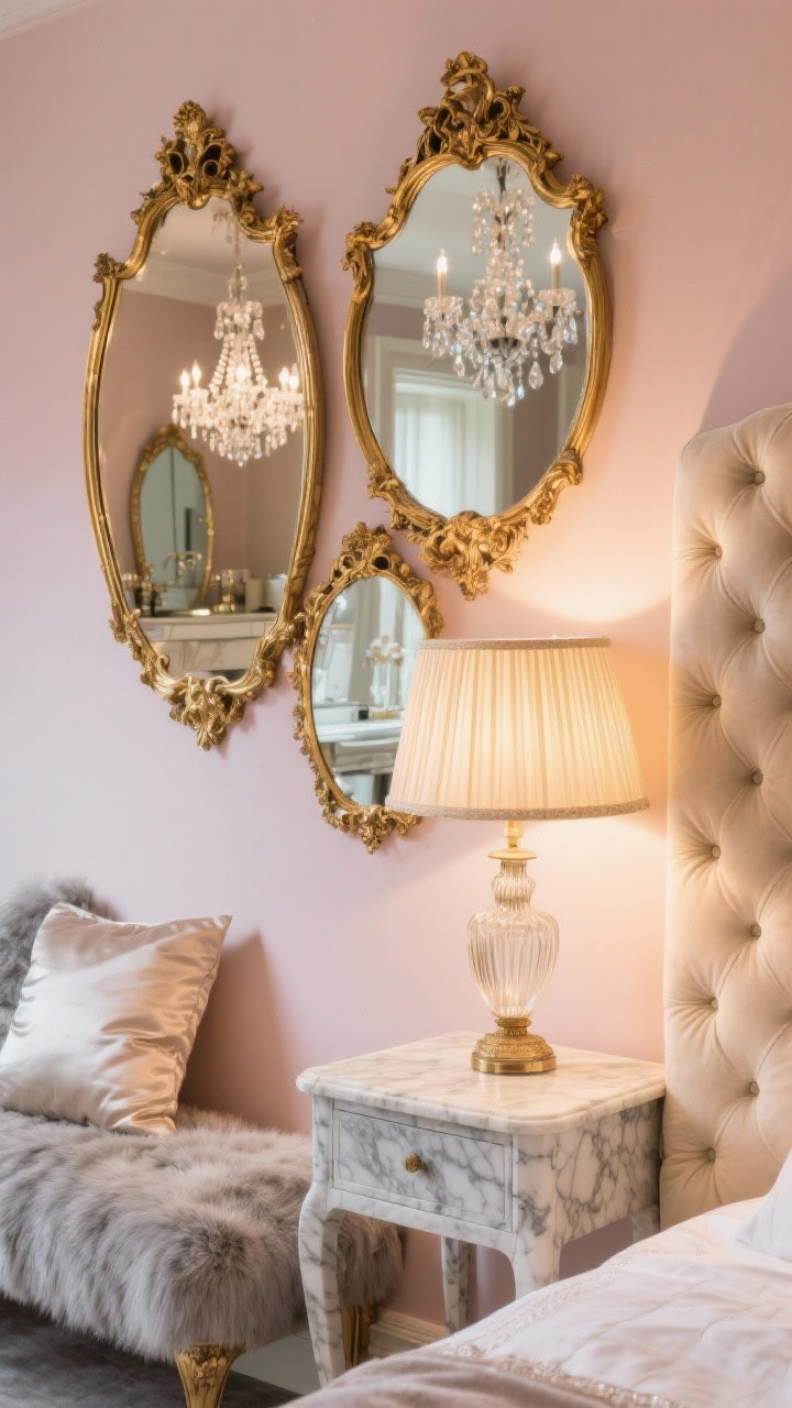 Detail shot, Vintage Glam With Gilded Mirrors: Closeup of ornate gold mirrors layered on a pale blush wall, reflections of a cream/champagne tufted velvet bed. Marble-topped side table with pleated lampshade casting warm light. Hints of a French-style vanity and crystal chandelier sparkle in the background. Satin pillow and faux fur bench edge visible, soft gray undertones. Old Hollywood glam.