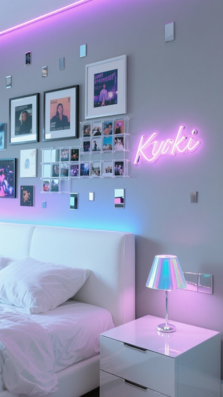 Detail shot with glow: Cool gray wall featuring a K-pop collage—framed album covers, acrylic grids of bias photo cards, concert prints, and a custom pastel neon name sign. Thin silver frames reflect the light; tiny mirror tiles scatter around to bounce color. Color-shifting LED strips create pastel purple and ice blue gradients behind a sleek white headboard and glossy lacquer nightstand with an iridescent lamp. Futuristic, luminous mood.