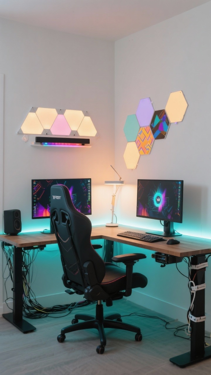 Gamer-ready study setup, wide corner shot: sturdy corner desk supporting dual monitors against a clean white wall, supportive gaming chair, under-desk cable tray with velcro ties managing cords; LED light strips behind monitors for bias lighting, hexagon smart panels on the wall shifting from warm focus mode to colorful patterns; task lamp with adjustable color temperature, minimal soundbar under the main monitor; balanced school-and-play aesthetic.
