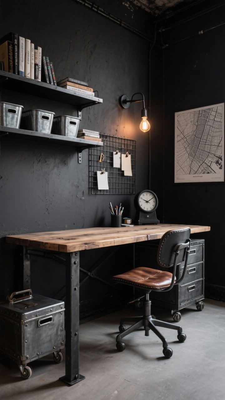 Industrial study setup, wide shot with moody lighting: black metal frame desk with reclaimed wood top, metal task chair softened by a leather seat pad, back wall painted charcoal, galvanized shelves holding books and bins, wire grid memo board with clips; Edison-bulb sconce mounted on the wall casting warm glow, rolling tool chest under the desk for supplies; vintage-style clock and black-and-white city map print as accents; gritty, matte black details.