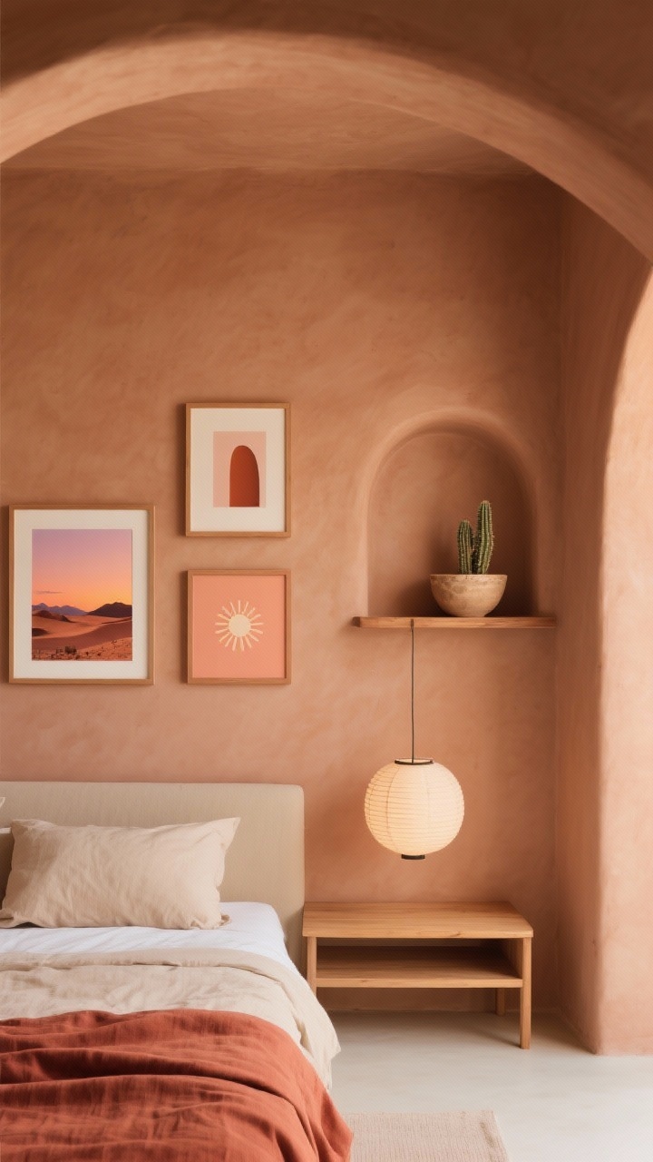 Medium balanced arrangement: Clay-colored wall with a warm minimalist gallery of desert sunset tones—terracotta, coral, and apricot. Art includes desert photography, abstract arches, and sun motifs in thin maple frames. One arched wall shelf holds a small cactus and a ceramic bowl. Low-profile oak bed with sand and rust linen bedding below; a paper lantern pendant provides soft, diffused light. Calm, spacious layout with echoed arch shapes.