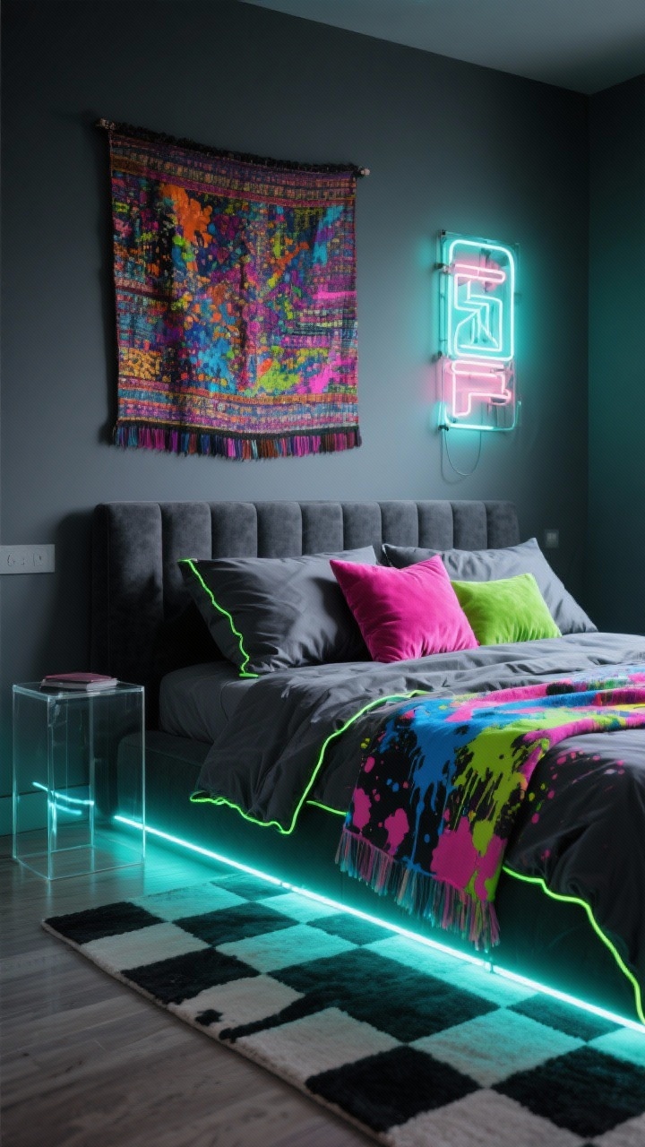 Medium bedroom shot with moody lighting: charcoal duvet as base, neon piping shams, and a paint-splatter throw; colorful tapestry above the bed, checkerboard rug on the floor, clear acrylic side table; LED strip lights glowing under the bed and a neon sign acting as a headboard; textures mix of smooth microfiber, slick satin, and velour accent cushion; hot pink, lime, electric blue accents against charcoal; photorealistic, corner angle.