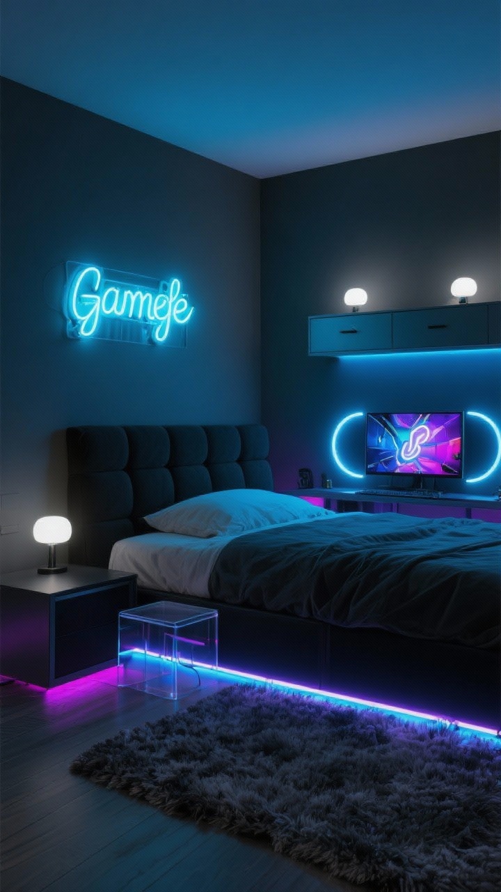 Medium corner angle, Neon Pop Gamer Lounge: charcoal walls, sleek low furniture, bed with chunky black headboard for sound absorption, acrylic side table and plush rug; RGB LED strip glows behind monitor and bed for halo effects, neon statement sign in electric blue above the dresser, smart bulbs set to cool white with a hint of party mode; moody, high-contrast scene without people, photorealistic.