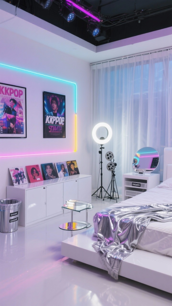 Medium corner shot, K-Pop Fan Stage Set: glossy white storage, platform bed with metallic silver throw, mirrored side table, posters and albums on display; lighting goes performance: color-changing strip lights frame a poster wall, ring light floor lamp stands ready for reels, diffused LED panel glows softly behind sheer curtains like a stage backdrop; tidy with labeled bins, polished glam.
