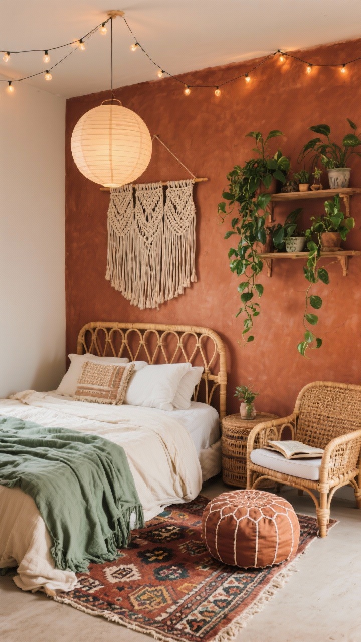 Medium corner shot, Warm Boho Nook With Rattan Layers: Terracotta accent wall behind a rattan headboard bed, layered with cream and sage textiles. Macramé wall hanging above, hanging plant shelf with trailing pothos and other greenery. Moroccan pouf next to a low reading chair, patterned kilim rug anchoring the space. Paper lantern pendant overhead with warm string lights draped casually. Earthy, boho warmth.