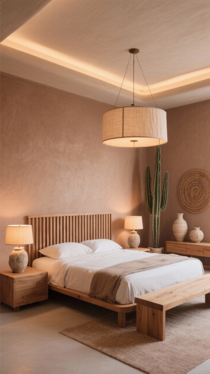 Medium corner view, Desert Modern Zen: muted clay tones, warm oak furniture, slatted wood headboard, low nightstands, simple bench at foot of bed; layered lighting with a linen drum pendant overhead, hidden LED coves in the ceiling washing walls warmly, and stone table lamps with warm bulbs; tall cactus, ceramic vases, woven wall piece, calm earthy mood.