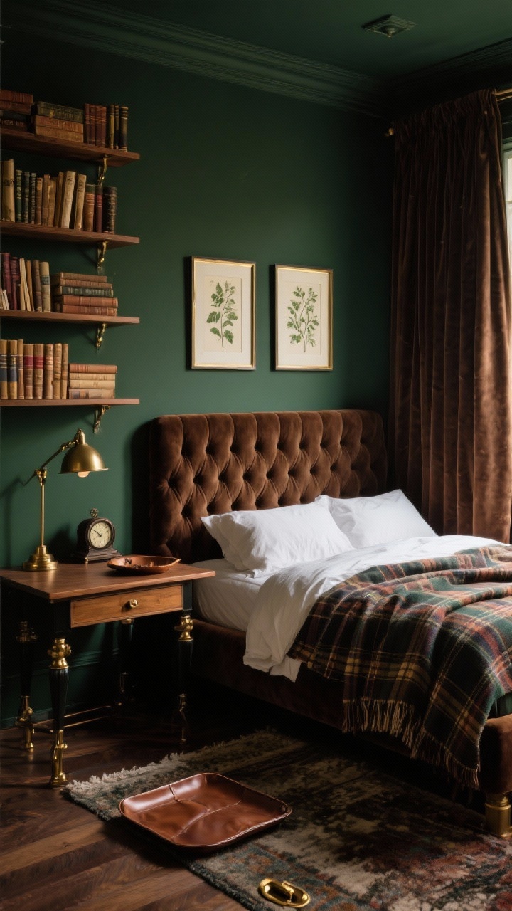 Medium, dark academia library nook: moody forest green walls with espresso brown wood and brass accents; tufted velvet headboard, plaid bedding folded back; wall-mounted book ledges stacked with vintage books, framed botanical prints; banker’s lamp in brass on desk, antique-style clock, leather catchall tray; heavy curtains, velvet throw, wool rug, aged brass hardware; warm, dim, scholarly lighting; photorealistic.