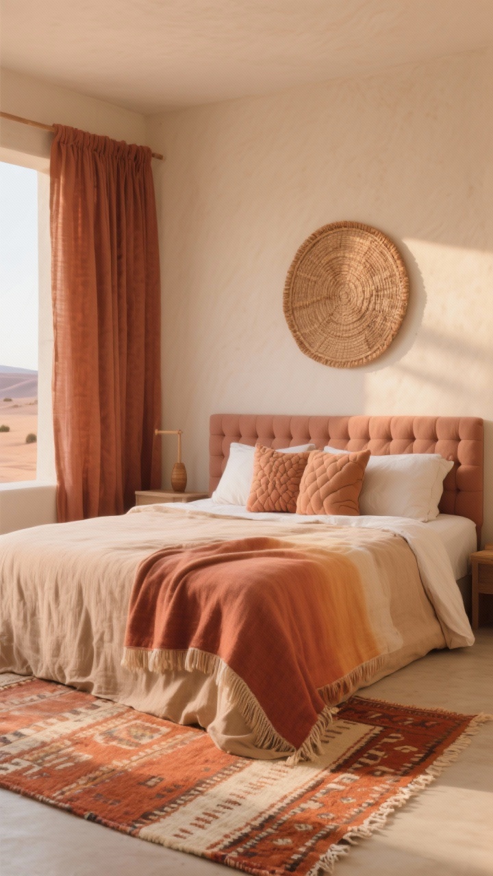 Medium desert minimal boho view: clay-colored linen duvet over sand percale sheets, sunset ombré throw stretched across; flatweave kilim rug in terracotta and cream anchoring; cotton blackout drapes in cinnamon; tufted cushion or two adding sculptural texture on the bed; woven wall art above the headboard; colors clay, sand, sienna, blush; warm late-afternoon light; photorealistic, corner angle.