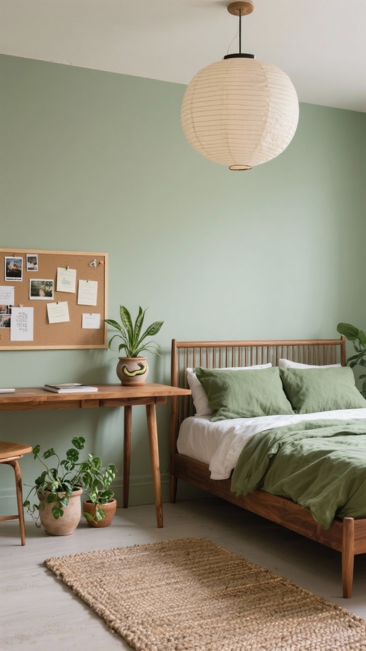 Medium desk-focused shot, Earthy Sage & Wood Studio Vibes: Soft sage walls, warm walnut bed with tapered legs dressed in mossy green bedding and linen euro shams. Slatted wood desk with a pinboard gallery of notes and photos. Paper lantern overhead, ceramic planters (snake plant, pilea, trailing ivy) arranged nearby. Flat-weave rug under the desk area. Grounded, creative calm.