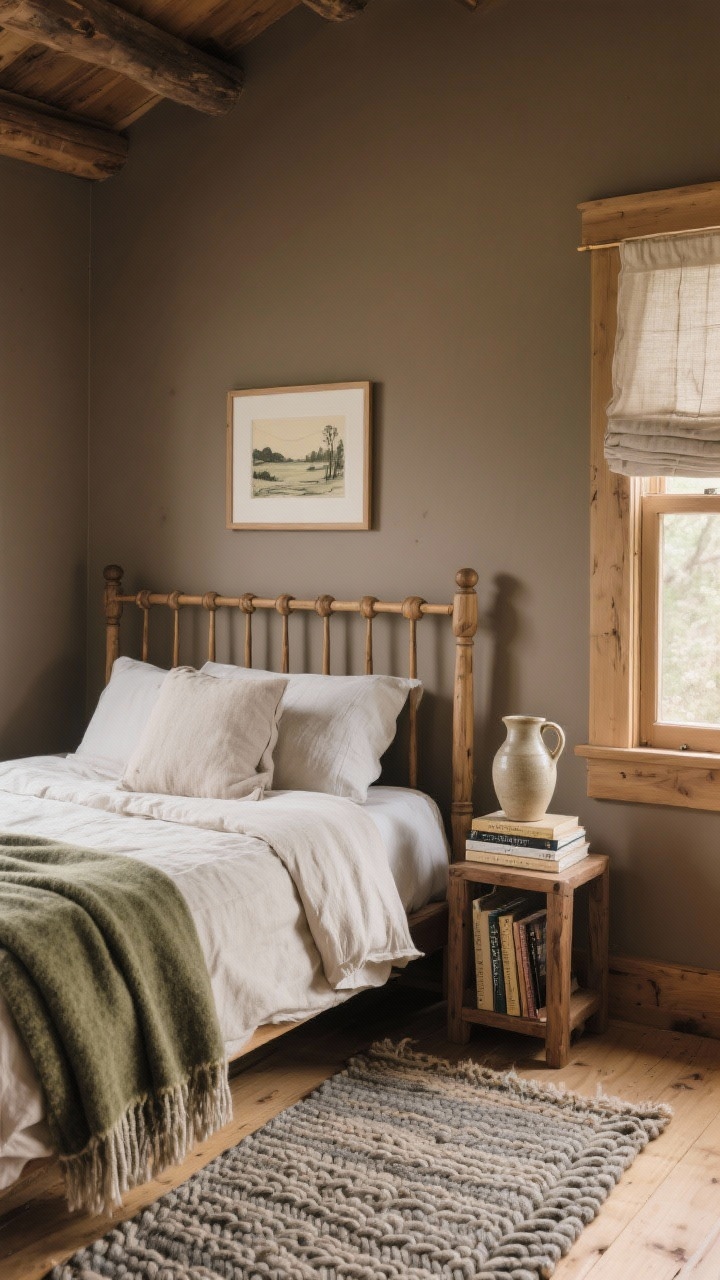 Medium, earthy cabin-inspired corner: mushroom-colored walls, oak spindle bed with neutral linen sheets and a folded wool blanket at the foot; small framed landscape sketch above the bed, ceramic jug on the nightstand, small stack of favorite reads; braided wool rug in heathered tones; linen roman shade softly filtering light; palette of taupe, olive, warm wood; grounded, tranquil atmosphere.