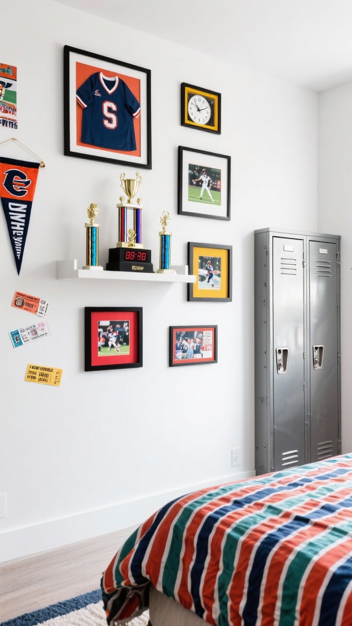 Medium energetic wall: Bright white wall with sporty chic display—framed jerseys, fabric pennants, action photos, and ticket stubs in shadow boxes. Matte black frames with colored mats in team tones. A floating shelf showcases trophies, and a digital scoreboard clock adds a playful element. Metal locker-style wardrobe and striped duvet in team colors visible. Crisp, bright lighting to emphasize contrast and dimension.