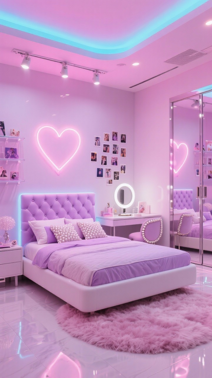 Medium, K-pop studio pink & gloss bedroom: rose, lilac, and glossy white palette; tufted platform bed with LED headboard; mini content corner with ring light, sleek vanity-desk hybrid, photo-card wall display; acrylic shelves with collectibles, plush area rug for dance practice; neon heart sign, mirrored closet doors reflecting soft glow, pearl-trim pillows; color-changing ceiling cove and spotlight track over desk; photorealistic, polished glam.