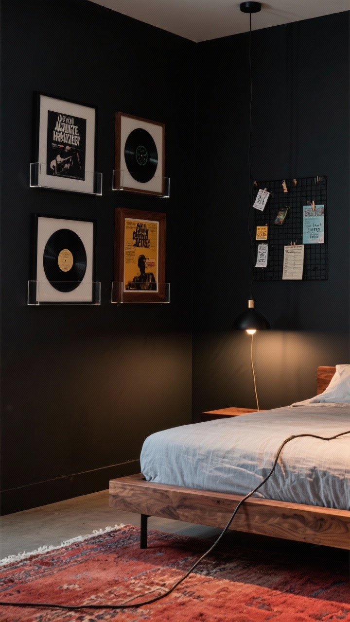 Medium moody corner: Deep charcoal wall with an indie concert gallery—framed vinyl records, tour posters, setlists, and ticket stubs in floating acrylic frames. Mix of matte black and walnut frames, plus a wire grid board with clips for rotating finds. Subtle LED strip backlighting glows behind a few frames. Walnut platform bed and corded pendant light; rug with desert reds grounds the scene. Dim, atmospheric lighting with warm highlights.