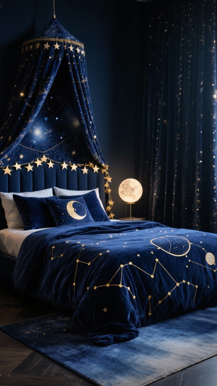 Medium night-time spacecore bed shot: midnight navy duvet embroidered with gold constellations, moon-phase shams, velvet galaxy pillows; deep blue ombré rug; blackout velvet curtains with metallic specks; celestial tapestry canopy draped over the bed; moon lamp glowing softly; star garlands along the headboard; colors navy, indigo, gold, silver; textures velvet, sateen, metallic thread; photorealistic, low-light ambiance.