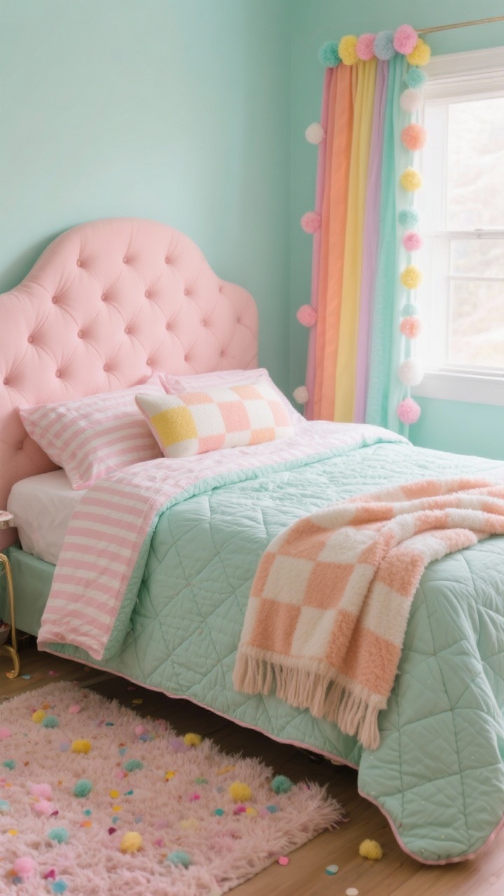 Medium retro pastel bed scene: mint quilted comforter, striped cotton sheets in pink and peach peeking out, checkered sherpa throw tossed casually; bubblegum tufted headboard; shag rug in pastel confetti underfoot; terrycloth bolster on top; rainbow curtains with pom trim filtering playful daylight; colors mint, peach, pink, lemon; textures quilted, sherpa, terry; photorealistic, corner angle.