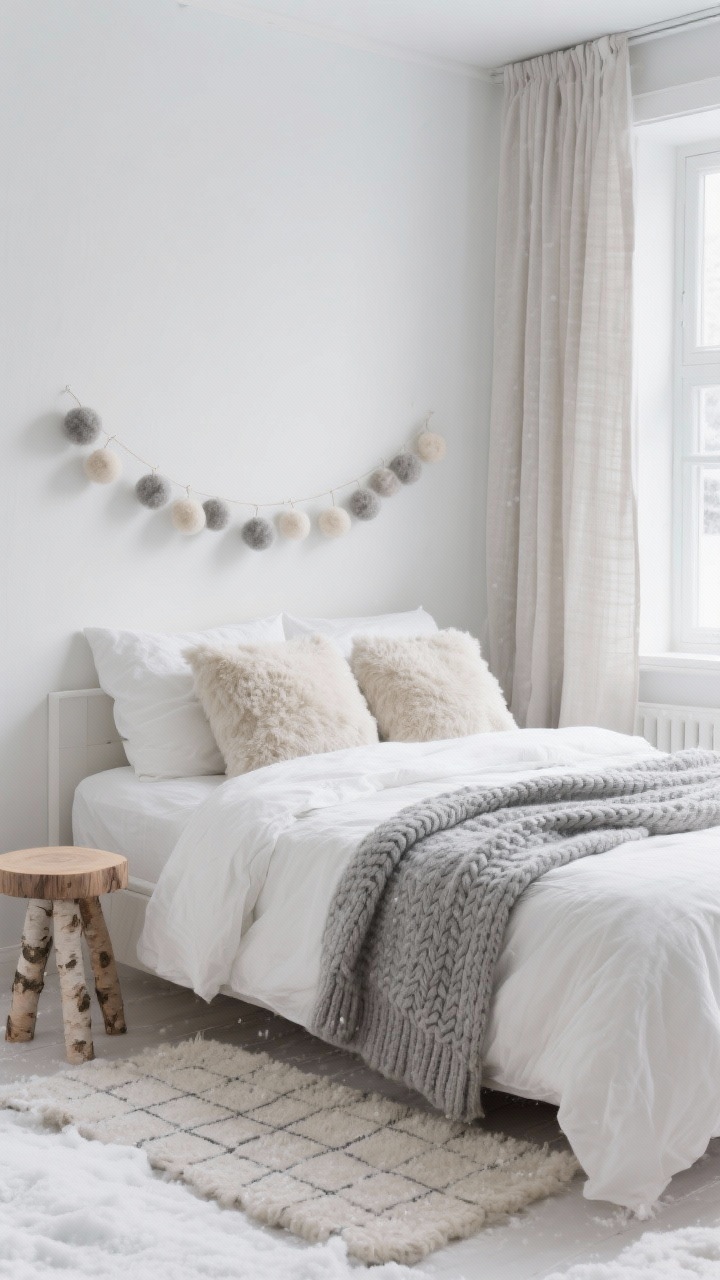 Medium Scandinavian snow-day bed scene: stonewashed white duvet, gray cable-knit blanket folded at the end, faux-shearling pillows adding plush texture; birchwood bedside stool as nightstand; light wool rug; linen blackout curtains framing a pale window; a simple grid throw folded at the base; colors white, fog gray, oatmeal; felted pom garland above headboard; cool, soft natural light; photorealistic.