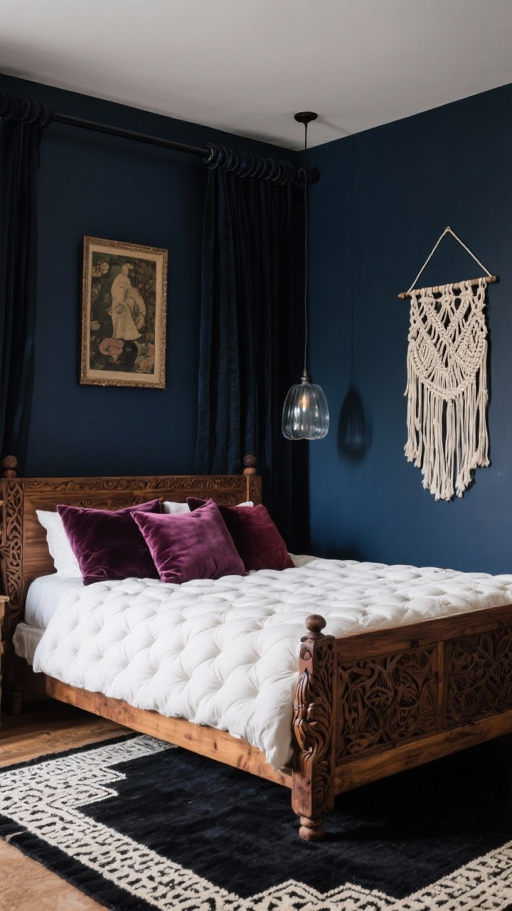 Medium shot: A dramatic boho bedroom corner with deep inky navy walls, a carved mango wood bed layered in ivory tufted bedding, velvet pillows in plum and merlot, a black-and-cream Moroccan rug edge in frame, matte black curtain rod above, vintage-style art and a cream macramé wall hanging, illuminated by a smoked glass pendant for atmospheric lighting; moody, corner angle.