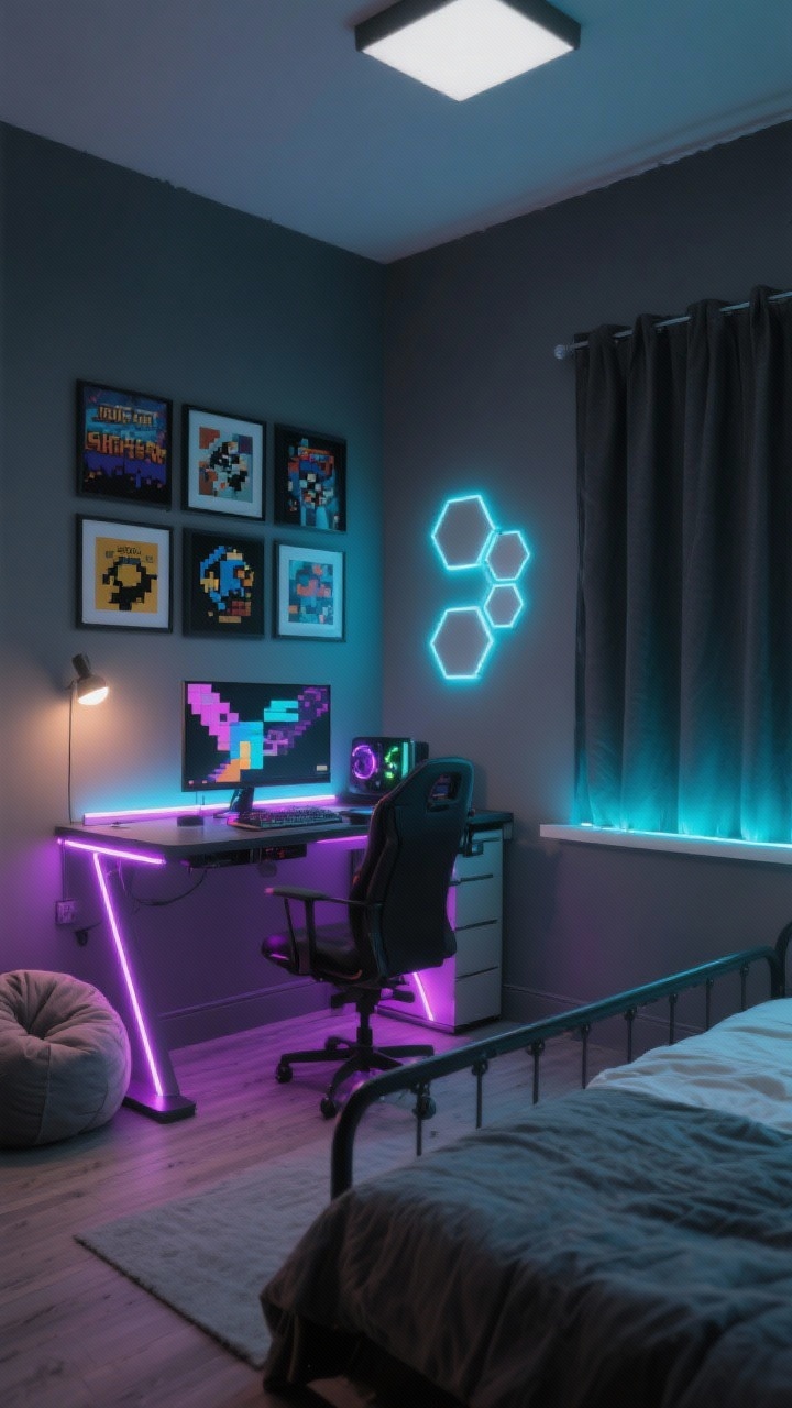 Medium shot: A neon gamer hideout corner with charcoal gray walls, a budget gaming desk and monitor on a riser, RGB LED strips glowing behind the monitor and along the bed frame. Hexagon wall lights lit in a gradient, blackout curtain drawn, and a cozy bean bag nearby. DIY gallery wall of framed game covers and pixel art. Photorealistic, moody futuristic lighting.
