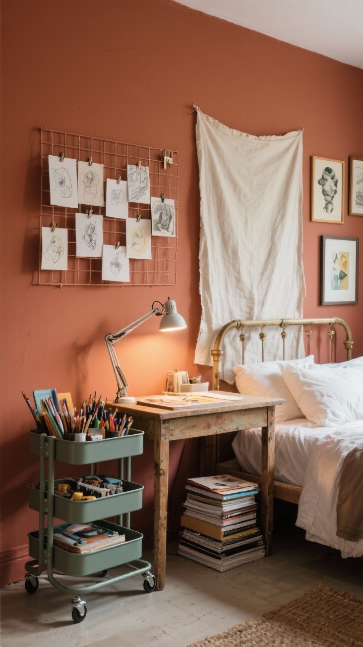 Medium shot: Artsy studio nook within a bedroom, one wall painted terra-cotta, a grid wire panel above a simple thrifted desk displaying clipped sketches and inspiration. A rolling cart filled with art supplies, clip-on task lights illuminating the workspace, and a canvas drop cloth hung as a headboard tapestry behind the bed edge. Mismatched frames with finished art and stacked sketchbooks. Photorealistic, warm focused task lighting plus ambient daylight.