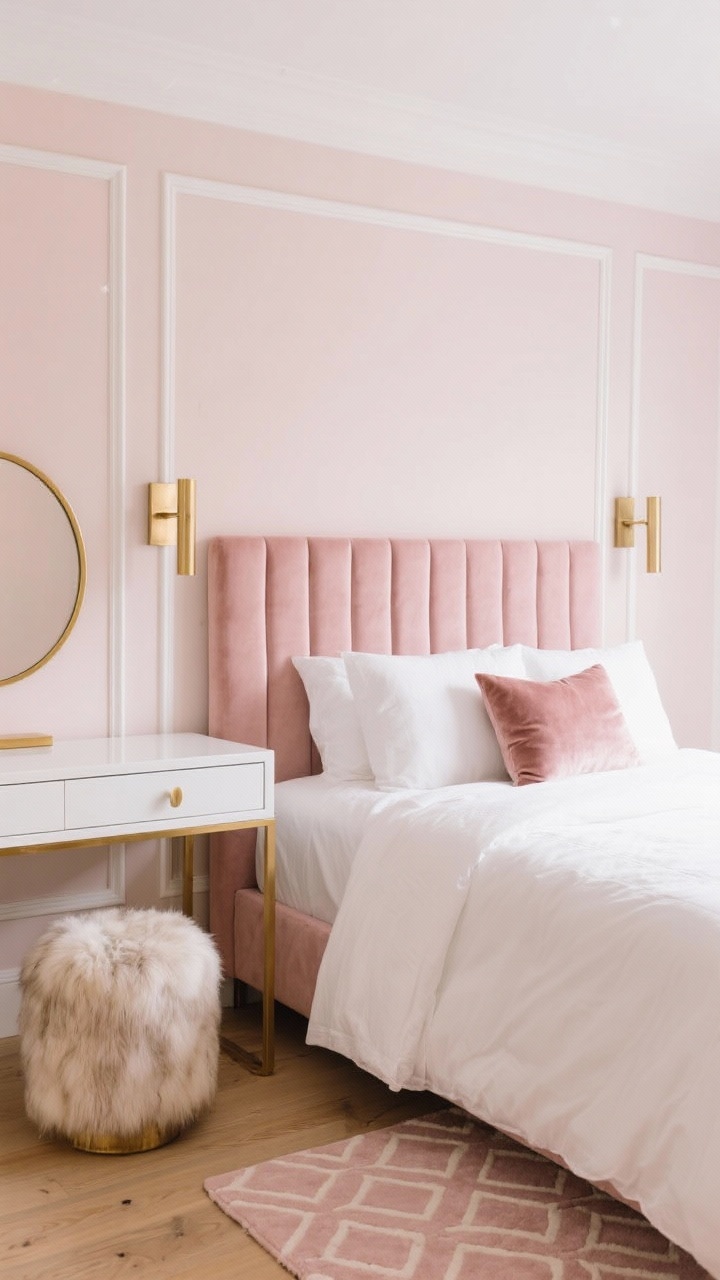Medium shot, Blush and Brass Minimal Glam vignette: pale blush wall with crisp white trim, channel-tufted velvet headboard in blush, slim brushed brass sconces flanking the bed, white lacquered Parsons desk doubling as a vanity with a round gold-rimmed mirror above; sateen white bedding with a single velvet throw pillow, faux fur stool tucked under the desk, light wood flooring with a blush geometric rug peeking out; soft, elegant lighting.