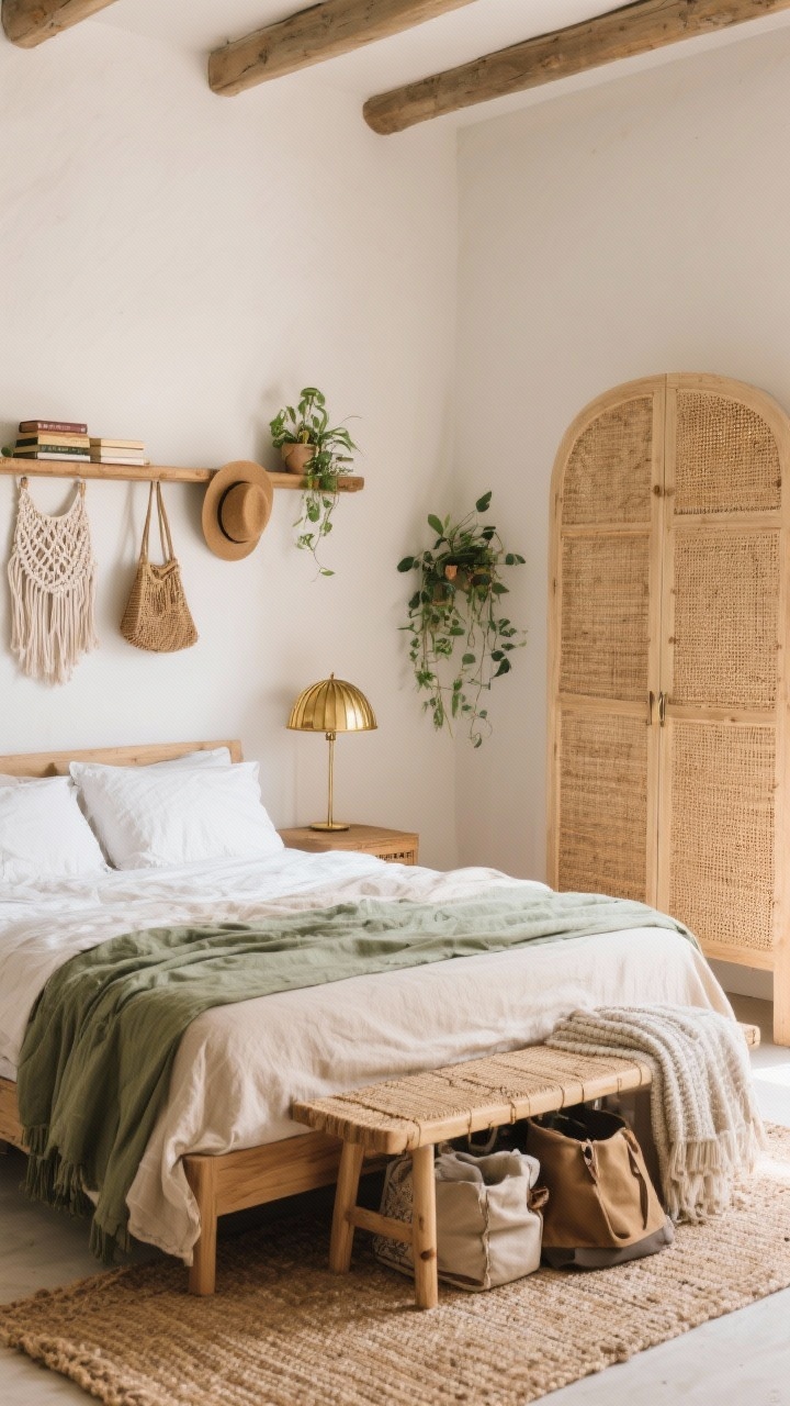 Medium shot, boho bungalow bedroom: low wood bed with layered linen bedding; cane-front wardrobe that feels airy, not bulky; woven trunk bench at the bed’s foot hiding blankets and bags; macramé shelves with plants and journals; wall-hung rail with hats and totes; jute rug and a brass dome lamp adding warmth; palette sand, olive, white, brass; soft natural light.