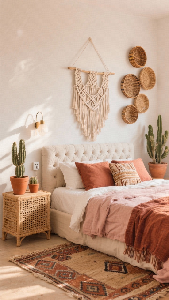 Medium shot: Boho desert dreamscape bedroom with white walls warmed by textiles, featuring a tufted Moroccan-style rug, a rattan nightstand, and a macramé wall hanging above the bed. Linen bedding in rust and blush tones, terracotta pots with cactus (real or faux), a plug-in sconce above the bed, and woven baskets arranged as wall art. Photorealistic, golden-hour warmth, breezy and relaxed.