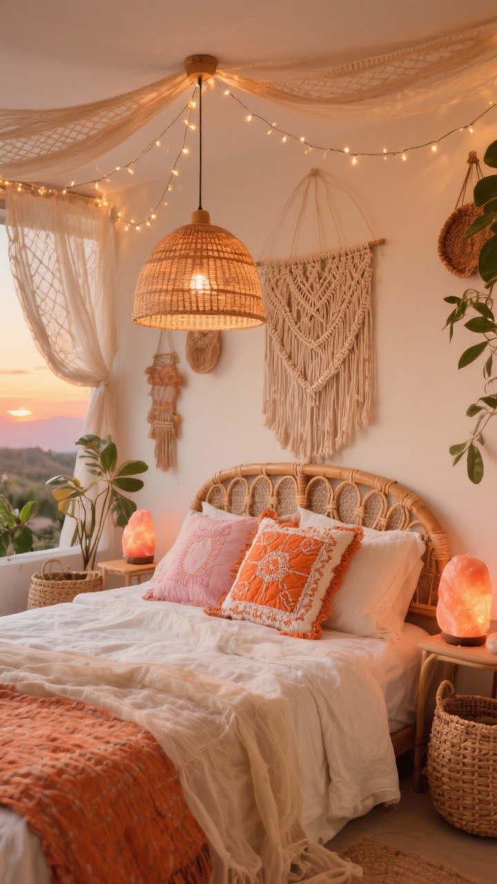 Medium shot, Boho Sunset Sanctuary: warm terracotta and sandy cream palette, bed layered with gauzy linen, rattan headboard, embroidered quilt in burnt orange and blush; lighting shows a rattan dome pendant on a dimmer casting soft patterns, string lights woven through a canopy, and salt lamp bedside lights with rosy warmth; woven baskets, macramé wall hanging, leafy plants, cozy sunset glow.