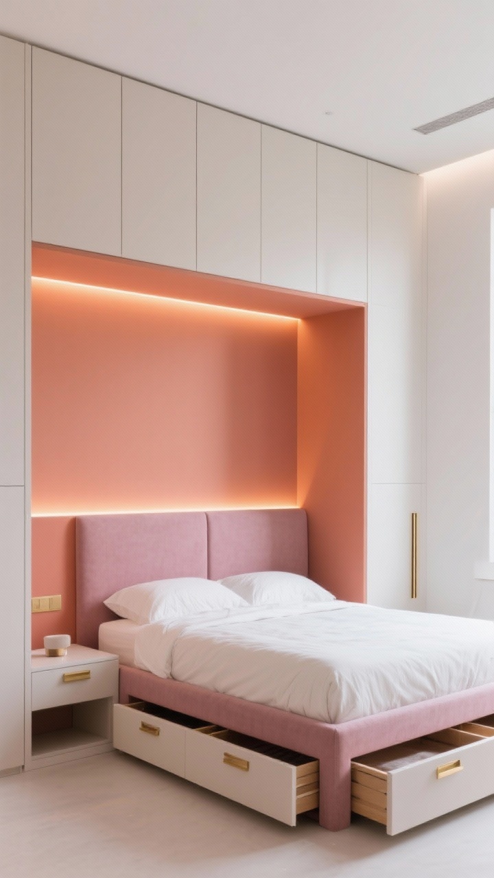 Medium shot, built-in closet bed: bed recessed into a color-blocked alcove in dusty rose and terracotta, LED strip lighting casting a soft glow around the headboard; deep drawers integrated into the bed base partially open; upper wardrobe cabinets spanning the ceiling with flush, flat-front doors; floating nightstand with a hidden niche; warm white walls and subtle brass accents; clean, modern composition.