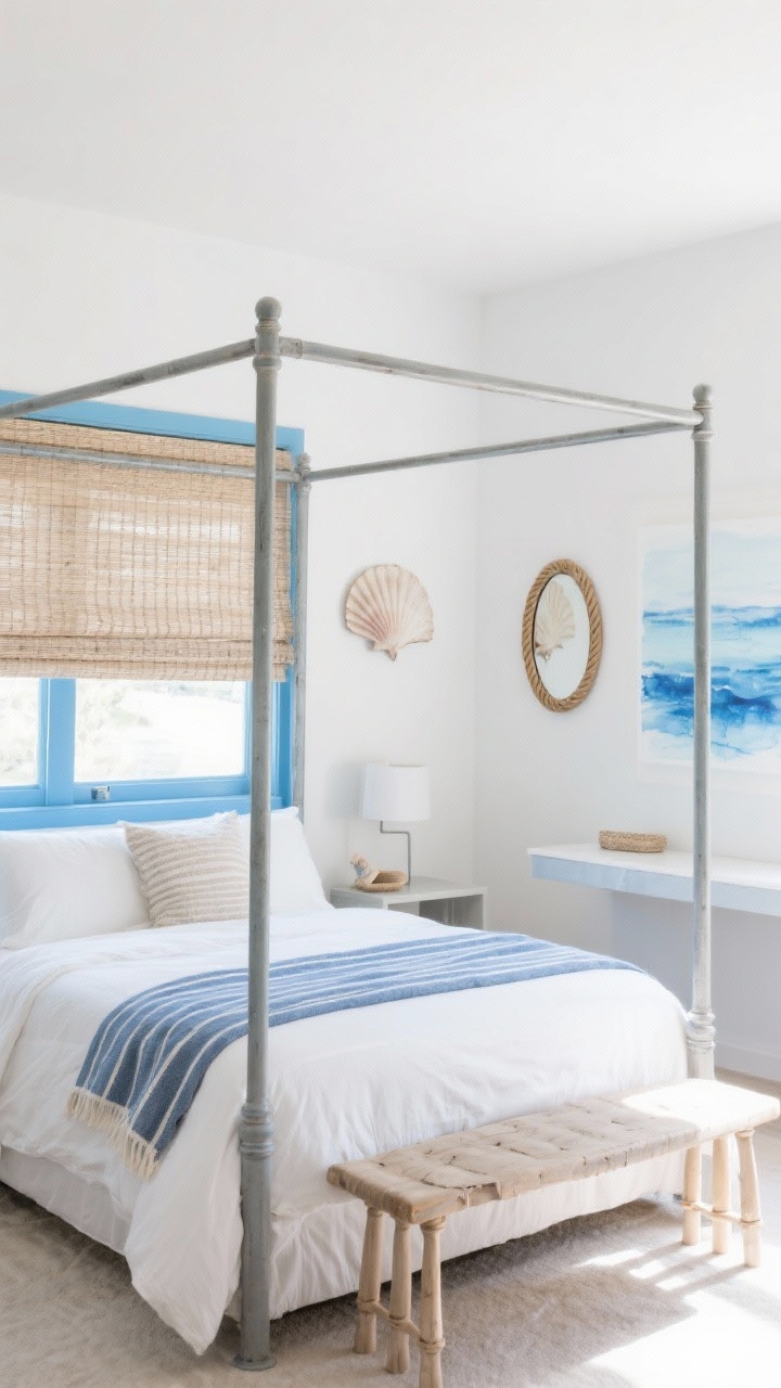 Medium shot, Coastal Light + Breezy: white walls with sky-blue accents, a slim metal canopy bed adding height without visual bulk, dressed in crisp white sheets and a blue-striped throw. A woven roman shade filtering sunlight. Open-legged furniture: spindle bench and a floating desk shelf. Subtle coastal decor—shell art, rope mirror, and a blue watercolor print. Airy, sunlit atmosphere.