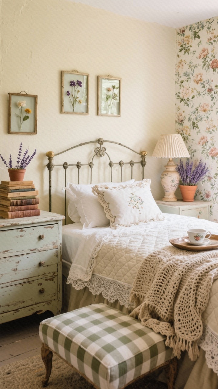 Medium shot, cottagecore bedroom with buttery cream walls, wrought-iron or spindle bed layered with quilted coverlet, lace-trim pillowcases, embroidered cushions; distressed dresser with stack of old novels, pressed flowers in glass frames above; gingham ottoman at foot of bed, crocheted throw draped casually; floral wallpaper on one accent wall, ceramic lamp with pleated shade; dried lavender, terracotta pots, vintage teacup tray on bedside; soft, diffused daylight; photorealistic.