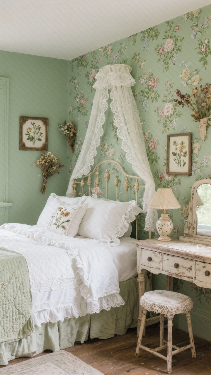 Medium shot, Cozy Cottagecore Garden Bedroom: Sage green walls with vintage floral wallpaper on the bed wall. Bed styled with ruffled white bedding, lace trim pillows, quilt folded at the foot. Distressed wood dresser and a dainty vanity with a stool. Pressed flower frames and dried flowers, lace canopy over the bed, ceramic lamp on the dresser. Soft daylight, romantic countryside feel.