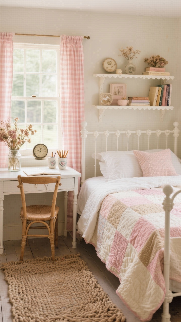 Medium shot, Cozy Cottagecore: white spindle bed with patchwork quilt in blush, cream, and oat; gingham curtains at window, braided wool rug underfoot; petite writing desk with cane chair; decor includes dried flowers in a jar, a vintage clock, ceramic mugs used as pencil holders; scalloped shelf with books and keepsakes; palette petal pink, oat, butter cream; photorealistic, warm homey afternoon light.