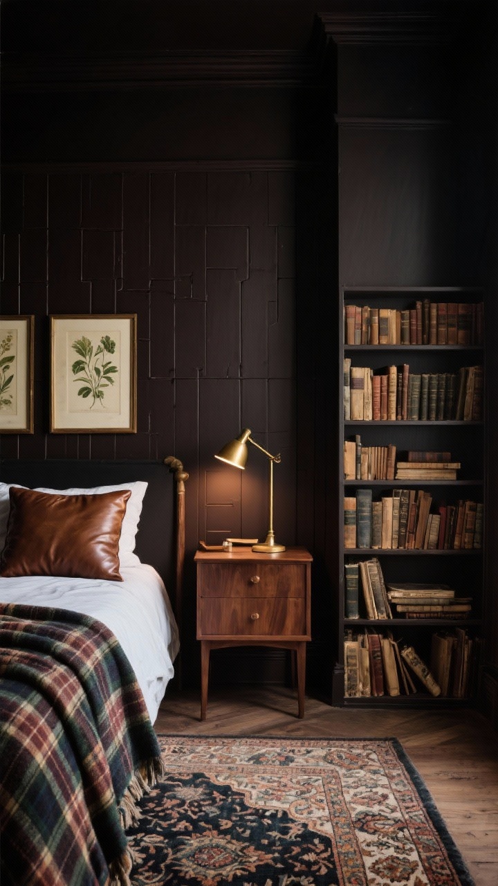 Medium shot: Dark academia corner with deep espresso walls and peel-and-stick paneling texture. A dark wood nightstand, plaid blanket folded on the bed edge, leather-look pillows, and a thrifted bookshelf filled with worn books. A brass desk lamp casts warm light onto framed vintage-style botanical prints, with a rug in an oriental pattern underfoot. Photorealistic, moody scholarly ambiance.