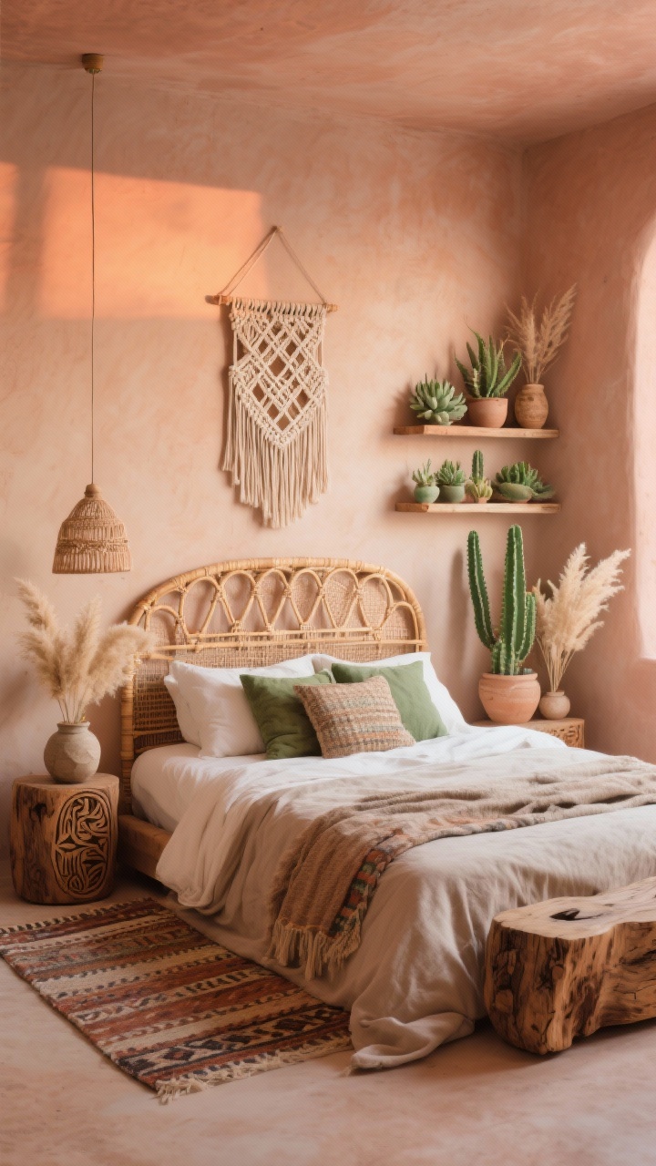Medium shot, desert boho bedroom in terracotta, clay, and cactus green; cane headboard, woven pendant, macrame wall hanging; diamond Berber-style rug, linen bedding; succulents on floating shelves, carved wood trunk at foot of bed; textured throw pillows, ceramic planters, pampas grass; walls in soft clay/peachy beige for sunset glow; warm natural light; photorealistic.