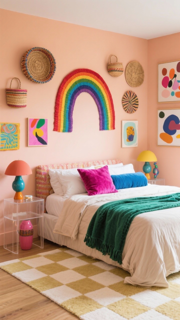 Medium shot: Eclectic color pop boho with pale peach walls, a bed styled with a neutral duvet accented by a fuchsia velvet pillow, emerald throw, and cobalt bolsters, an oversized rainbow wall tapestry above, mixed abstract art with woven baskets on the wall, a soft-toned checkered rug, a lucite side table, and colorful ceramic lamps; playful, well-lit.