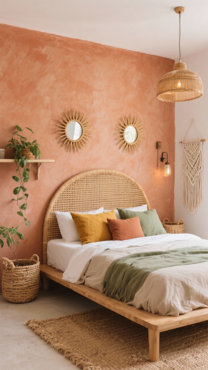 Medium shot from a corner angle: A rattan arched headboard against a soft terracotta accent wall, low-profile wood bed dressed in linen bedding with desert neutrals; mustard, clay, and sage pillows. Sunburst mirrors flanking the bed, woven baskets under a simple wall shelf with a trailing plant. Jute rug on the floor and a piece of macramé art nearby. Warm wall sconces or a cane pendant casting cozy light. Palette: terracotta, sand, sage, white. Photorealistic.