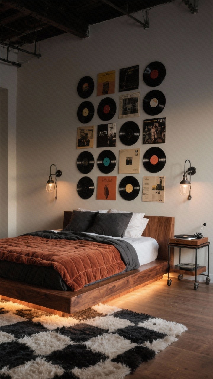 Medium shot from a low angle: A low platform bed in warm walnut with subtle underglow lighting, wall above arranged in a precise grid of vinyl record sleeves as rotating art. Linens in charcoal and muted rust with a corduroy quilt. Industrial swing-arm sconces flanking the bed, a compact record player cart at the bedside, shag or checkerboard rug adding retro texture. Palette: walnut, black, rust, cream. Cozy, dim evening light.