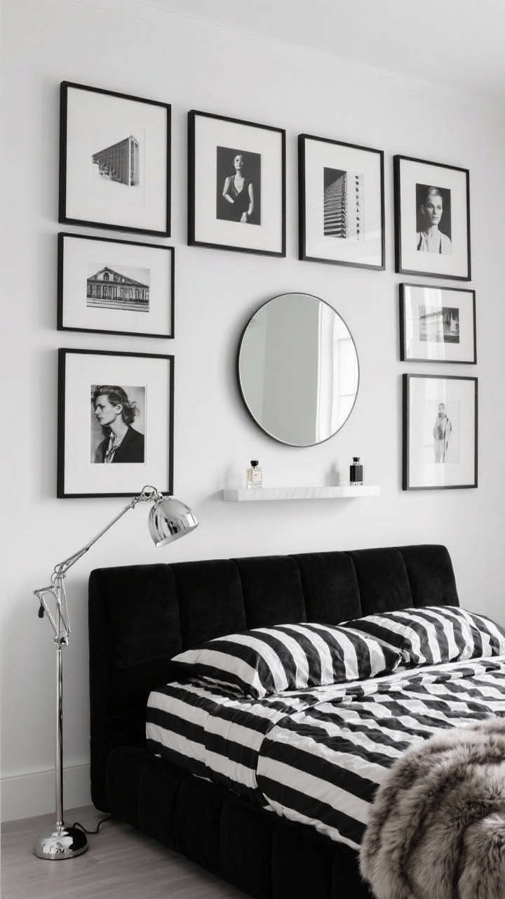 Medium shot, grid focus: Monochrome gallery wall in a black, white, and chrome bedroom. Precise grid of all-black frames with white mats containing black-and-white fashion photography, architectural lines, and candid portraits. A frameless round mirror breaks the grid slightly, with a micro-shelf below displaying a tiny perfume bottle collection. Black upholstered bed with striped bedding and a chrome metal floor lamp; faux fur throw adds softness. Clean, studio-like lighting.