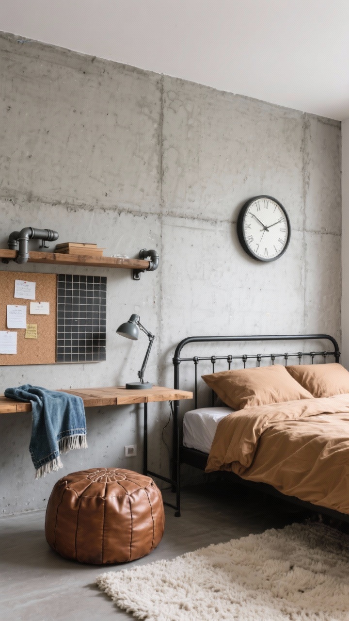 Medium shot, Industrial Cool With Soft Edges: one wall in realistic faux concrete (peel-and-stick texture), contrasted by warm camel bedding on a black metal bed frame. A compact pipe-shelf desk with wood planks and a task lamp. Styled with a denim throw, grid corkboard with notes, and an oversized clock on the concrete wall. A leather pouf and soft cream rug soften the look. Balanced, neutral lighting.