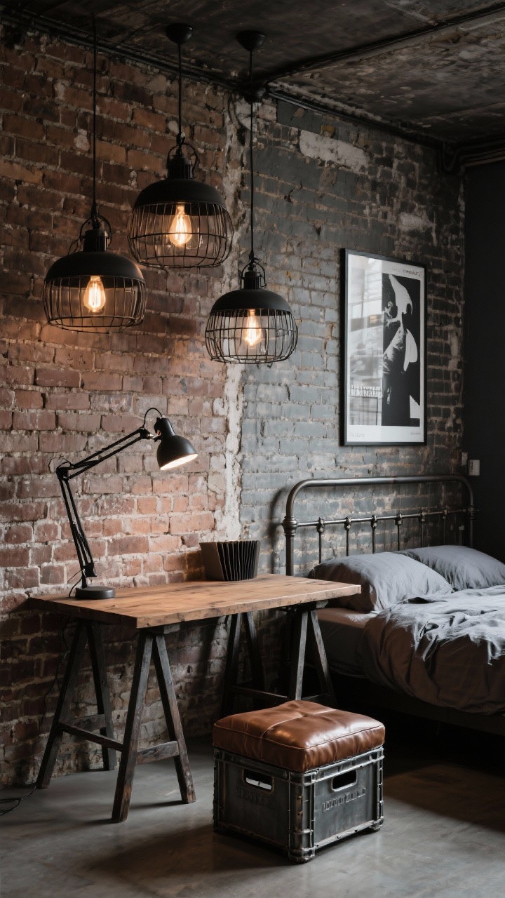 Medium shot, Industrial Loft Hangout: exposed brick (or convincing wallpaper), steel bed frame, reclaimed wood desk on sawhorse legs, palette of tobacco brown, slate, ink black; cage pendant lights with Edison bulbs hang overhead, wall-mounted accordion task lamp extends over desk, spotlight floor lamp aimed at a bold poster; leather ottoman and metal crates add grit, moody loft vibe.