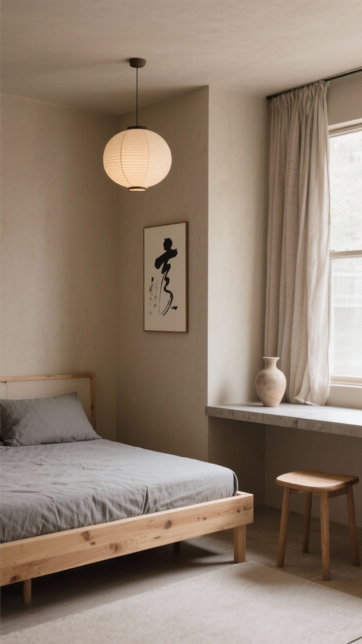 Medium shot, Japandi Calm Corner: low futon-style bed with natural wood frame and stone-colored linens against warm greige walls. A single ink-brush print centered above the bed. A floating desk slab under a window with a simple stool. Linen curtains, a paper lantern pendant overhead, and a single ceramic vase on the desk. Purposeful minimalism with soft natural light.