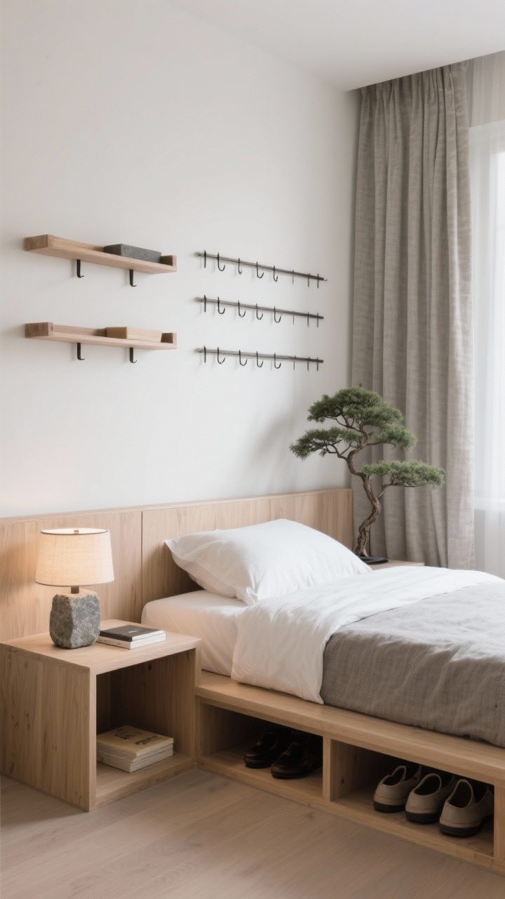 Medium shot, Japandi zen bed and wall rail: low boxed-in light ash platform bed with built-in side niches holding a stone-look bedside lamp and a book; opposite wall features a modular rail system with removable shelves, trays, and hooks neatly arranged; slim pull-outs under the bed for shoes slightly open; textured linen curtains and a single bonsai; palette ash wood, warm white, stone gray; serene, balanced lighting.