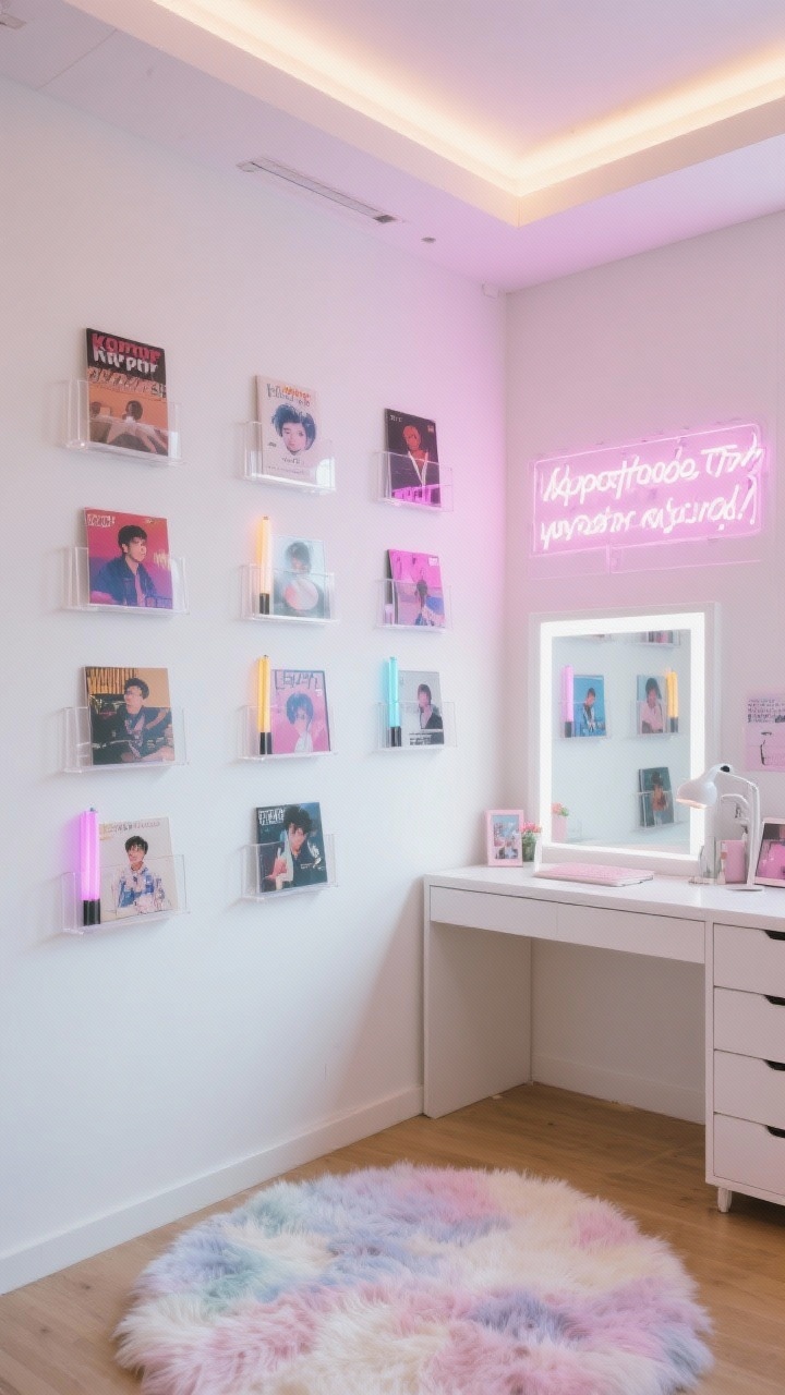 Medium shot: K-Pop fan showcase wall with white walls and a clean gallery grid of posters in matching frames, clear acrylic shelves displaying albums and light sticks. Soft LED strips lining the ceiling, a pastel faux fur rug on the floor, and a minimal white vanity desk that doubles as a study station. A neon sign displaying a favorite lyric glows in the background. Photorealistic, bright and energetic.