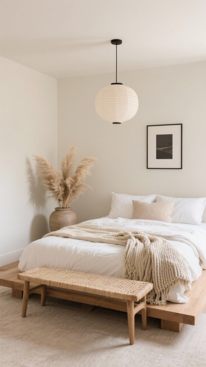 Medium shot: Minimalist neutral nest with soft ecru walls, a low oak platform bed layered in white, cream, and oat bedding, a woven bench at the foot, oversized pampas in a ceramic urn, a chunky knit throw, a simple paper lantern pendant overhead, and slim black-framed art; calm, even daylight, clean lines.