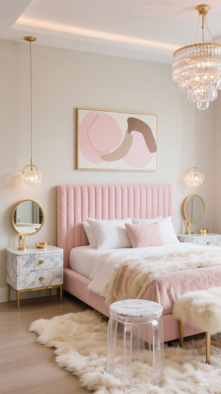 Medium shot, Modern Glam: a blush channel-tufted headboard against a neutral wall, marble-topped nightstands with brushed brass hardware; a cream faux-fur rug underfoot; a lucite vanity stool beside a round gold mirror; modern abstract art in pale pinks and taupes on the wall; glass bubble chandelier overhead sparkling; palette of powder pink, ivory, champagne gold; photorealistic, polished yet plush lighting.