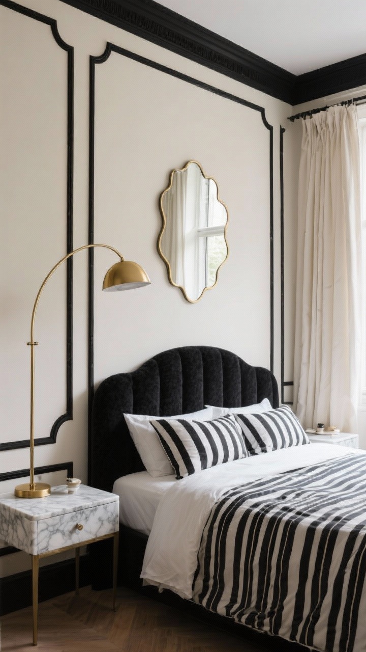 Medium shot, Modern Parisian Black & Cream Chic: Cream walls with black picture-frame molding, curved bouclé headboard. Black-and-white bedding in a thin stripe pattern, marble-topped nightstands with minimal decor. Gold arc floor lamp arcing over the bed area, linen drapes framing the window. Scalloped mirror on the wall. Chic, refined, softly lit elegance.